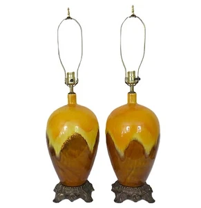 Pair of Vintage Ceramic Table Lamps Mid Century Modern Lava Drip Glaze - Picture 1 of 6