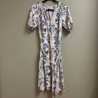 LOFT Womens Midi Dress Size M Linen Floral V-Neck Puff Sleeve Cottagecore Praire - Image 1 of 4