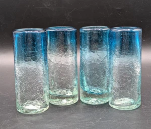 Hand Blown Recycled Crackle Shot Glasses Blue Ombre Set of 4 Mexico 3 oz - Picture 1 of 6
