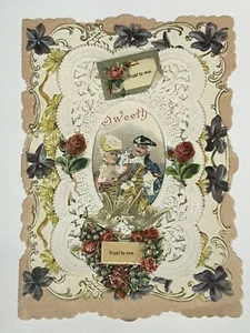 Antico biglietto di San Valentino vittoriano a strati in pizzo goffrato carta fustellata poesia - Foto 1 di 6