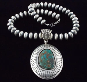 Sterling Silver Bead Necklace With Natural Easter Blue Turquoise Pendant - Picture 1 of 4