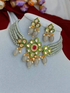 Bollywood Kundan Anhänger Kristall Perlen Indisch Halsband Halskette Set. - Bild 1 von 8