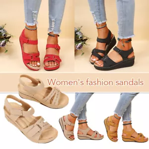 Women Summer PU Peep-toe Sandals Low Cut Soft Bottom Platform Wedge Heels Shoes - Picture 1 of 23