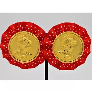 Vintage Münze Clip auf Ohrringe Gold Römer Grob Polka RIESIGES Rotes Band Neu aus altem Lagerbestand 80er 9H - Bild 1 von 6
