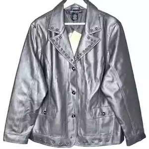 Susan Graver Studded Gunmetal Gray Rocker Moto Jacket Faux Leather Size 1X - Picture 1 of 9