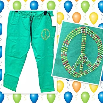 FASHION  NEU Italy Mode HIPPIE PEACE STRETCH HOSE GRÜN Perlen 44 46 48 50 - Bild 1 von 4
