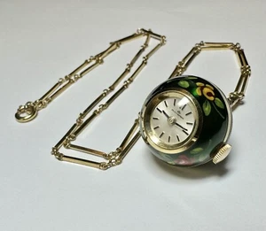 BUCHERER Pendant Watch Enamel Green Floral Swiss Mechanical with Gold Necklace! - Picture 1 of 12