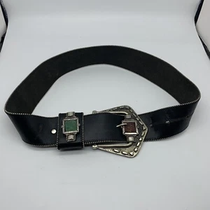Vtg Black Leather Wide Belt Silver Brualist Modernist Detail Sz 32 (ABC ITALY) - Picture 1 of 6