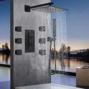 Black 8 inch Rain Shower Faucet Set Thermostatic Valve Massage Shower System Kit - Picture 1 of 11