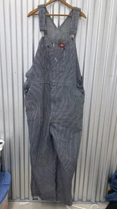 Dickies Overalls Mens 44x30 Blue White Hickory Stripe Bib Workwear Utility Denim - Picture 1 of 8
