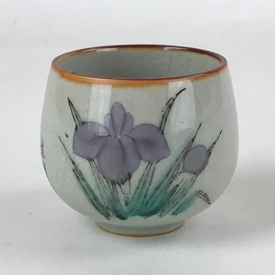 Japanese Ceramic Teacup Vtg Iris Flower Crackle Glaze White Yunomi Sencha TC413 - Image 1 of 4