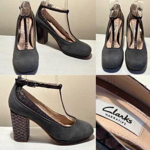 NWOB CLARKS Grey Suede GABRIEL MYTH Block Heel T BAR Shoes UK 5 D Party BUSINESS - Picture 1 of 15