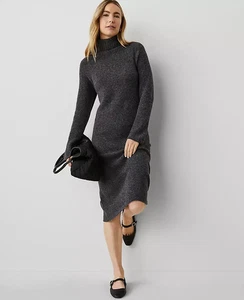 Ann Taylor Sweater Dress Size SP Charcoal Wool Blend Ribbed Cowlneck Midi NWT - Picture 1 of 15