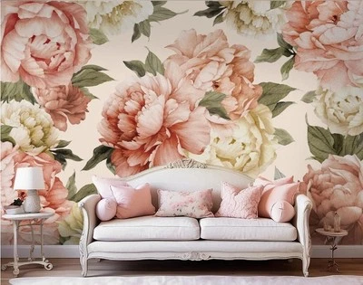 Watercolor Pink Peony Boho Blush Floral Wallpaper 141"×96" Flower Bouquet  - Image 1 of 4