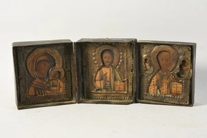Q06J08- Antike russische Ikone Triptychon Messing Stoff 18./19.Jh. - Bild 1 von 12
