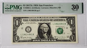 Billete de $1 2017A PMG 30 número de serie ¿ERROR DE CONTAMINACIÓN DEL POZO DE TINTA? - L 19614941 B - Imagen 1 de 6