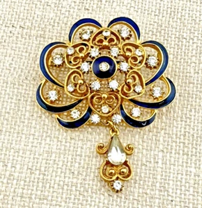 Vintage FLORENZA Blue Enamel Brooch Signed Clear Rhinestones Ornate Gold Tone - Picture 1 of 14