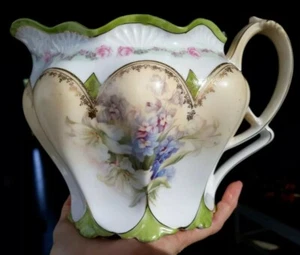 EXQUISITE ANTQ. NIPPON HAND PAINTED FLORAL, PITCHER 5.5" UNMARKED LIME/GOLD EXC! - Picture 1 of 12