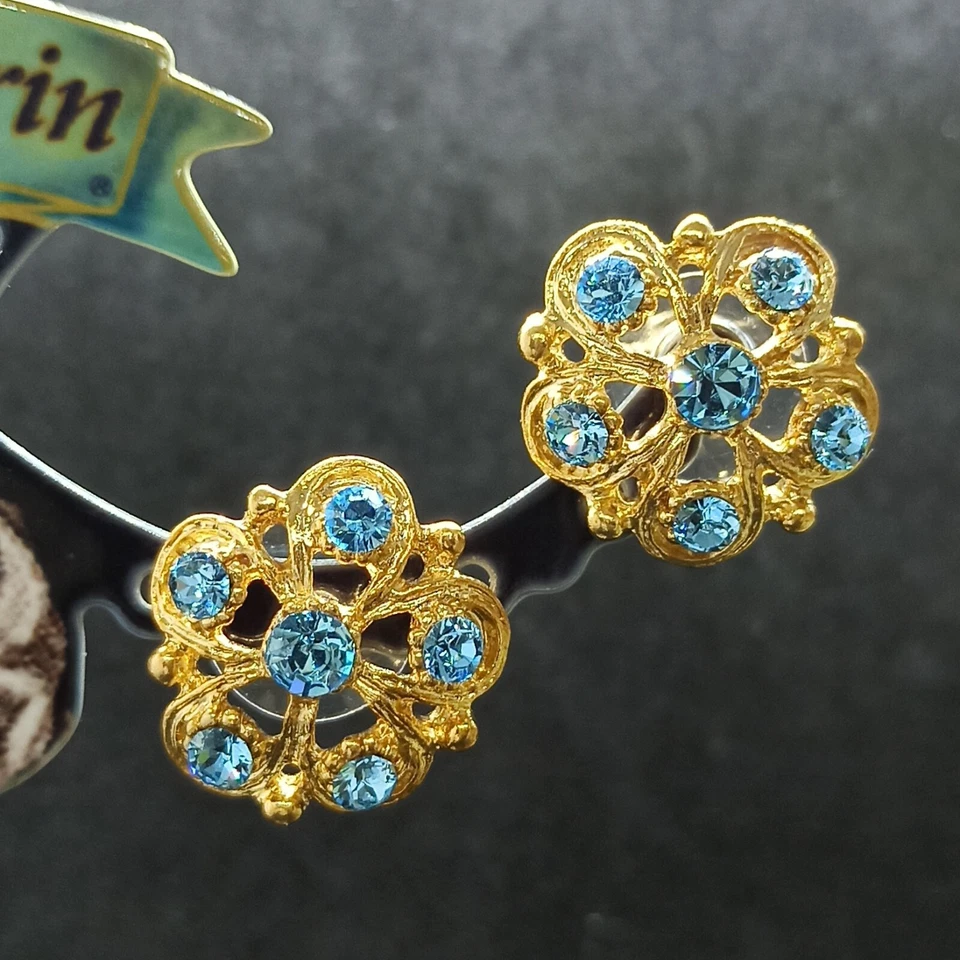 Pendientes con flores Michal Negrin poste grande chapados en oro y cristales de Swarovski azules Foto 1 de 4