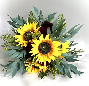 SUNFLOWER WEDDING BOUQUET BRIDAL BOUQUETS RUSTIC FAUX SILK FLOWERS EUCALYPTUS - Picture 1 of 7