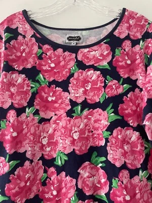 Mud Pie 中号 8-10 彩色学院风粉色花卉海军蓝及膝连衣裙 — 第 1/4 张图片