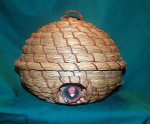 Round Raffia Hanging Pocket Bird House W/Bird - 11" Diameter - 8" High - Picture 1 of 8