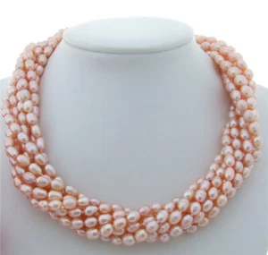 8 Strands 6x7mm Pink Rice Pearl Necklace 20" - Picture 1 of 4