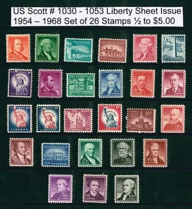 US Scott # 1030 -1053 Liberty Sheet Issues of 1954-68 Set of 26 / ½¢ to $5. MNH - Picture 1 of 1