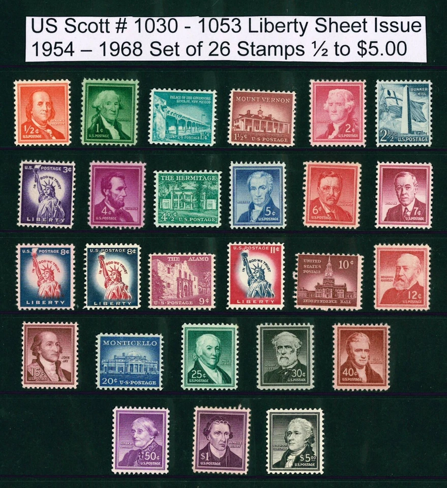 US Scott # 1030 -1053 Liberty Sheet Issues of 1954-68 Set of 26 / ½¢ to $5. MNH - Image 1 of 1