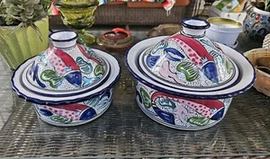 2 Gorgeous Clay Ceramic Tunesia TAGINE POTs & LIDs Blue Red Aqua Fish Design - Picture 1 of 18