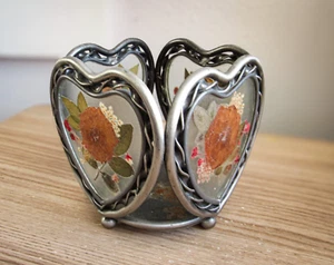 Vintage Pressed Flower & Pewter Heart Votive Candle Holder - Picture 1 of 4