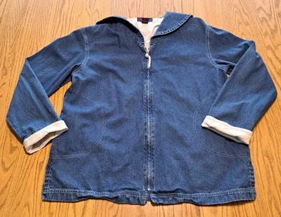 Vtg Denim & Co. Sailor Collar Jean Jacket Cuffed Sleeve Split Hem Zip Size Large - Image 1 of 4