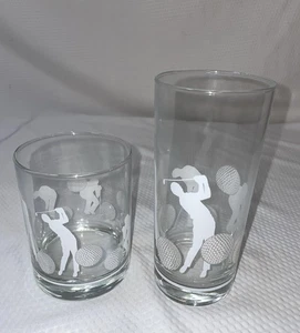 Vintage Etched White Frosted Golfers Silhouette 12 oz & 14 oz Glasses. Set of 2. - Picture 1 of 5