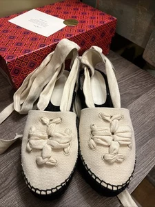 Tory Burch Damen-Espadrille gewebt Double-T schwarz Baumwolle Knöchelriemen 9 Sandalen - Bild 1 von 10