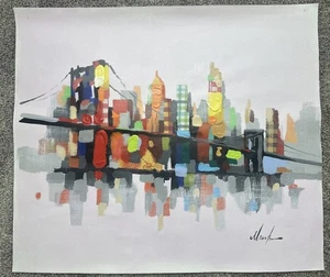 Modern Art City, Buildings, Town, Bridge 20x24, Oil painted Hand Made On Canvas, - Picture 1 of 12