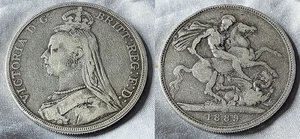 1889 Solid Silver Crown Coin Queen Victoria Georges & Dragon St Day Antique Old - Imagen 1 de 6