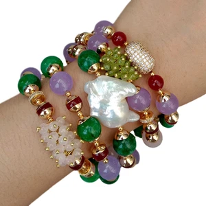 5 Strands Freshwater Keshi Pearl Peridot Rose Quartz Jade Bracelet 8'' - Picture 1 of 7