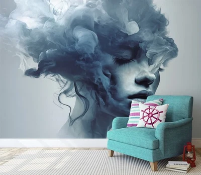 Fototapete Frau Gesicht Blau Mund Augen Rauch VLIES TAPETE XXL + KLEISTER 454 - Bild 1 von 4