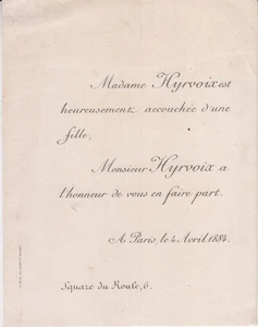 1884 Faire-part naissance Geneviève HYRVOIX - Paris - Imagen 1 de 1