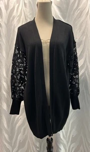 Torrid Black Open Front Cardigan Sheer Embroidered Lace Sleeve Sweater Size 0/L - Picture 1 of 7