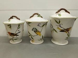 Noble Excellence BIRD GARDEN 3 pc. Stoneware Canister Set Branch Handle - New - Picture 1 of 24