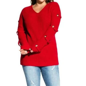 City schicker Pullover Übergröße 14 Pulli Ösen Spitze Ärmel Lust rot Strick V-Ausschnitt - Bild 1 von 7