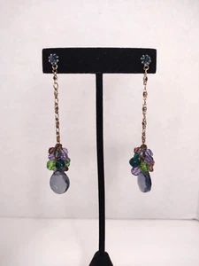 Vintage Gold Tone Long Glass Earrings Faceted Multi Color Dangle Rhinestone - Picture 1 of 17