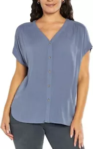 NWT Orvis Women's Short Sleeve Button Front Blouse Blue Size M $60 4HL373 - Picture 1 of 3