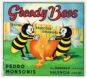 ORIGINAL CRATE LABEL SPANISH SPAIN VINTAGE 1950S RARE HAPPY BUMBLE BEES VALENCIA - Imagen 1 de 1