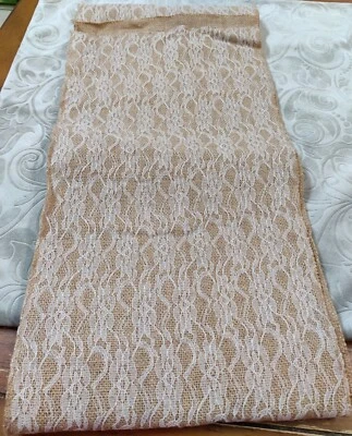 Natural Rustic Burlap Full Laced Overlay Table Runner 12" X 95" - Image 1 of 3