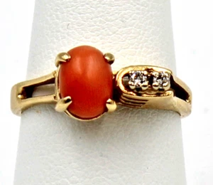 14K Yellow Gold Pink Coral and Diamond Ring 4.1 Grams Size 7.75 - Picture 1 of 9