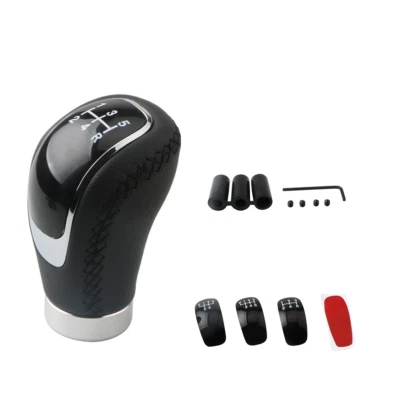 5/6 Speed Black Leather Manual Car Gear Shift Knob Shifter Lever W/3 Knob Caps - Image 1 of 4