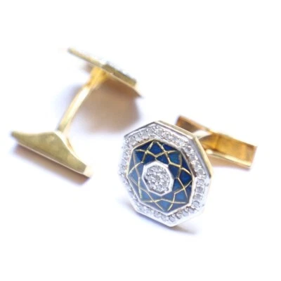 Gemelos redondos antiguos de plata de ley 925 esmalte azul circón cúbico chapado en oro Foto 1 de 4