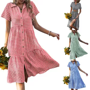 Womens Midi Smock Dress Short Sleeve Dresses CHECK Holiday Button Through Summer - Picture 1 of 18